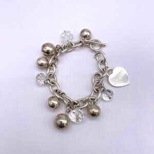 Chico's Silver Tone Beaded Heart Charm Bracelet Toggle Closure 8 Inch